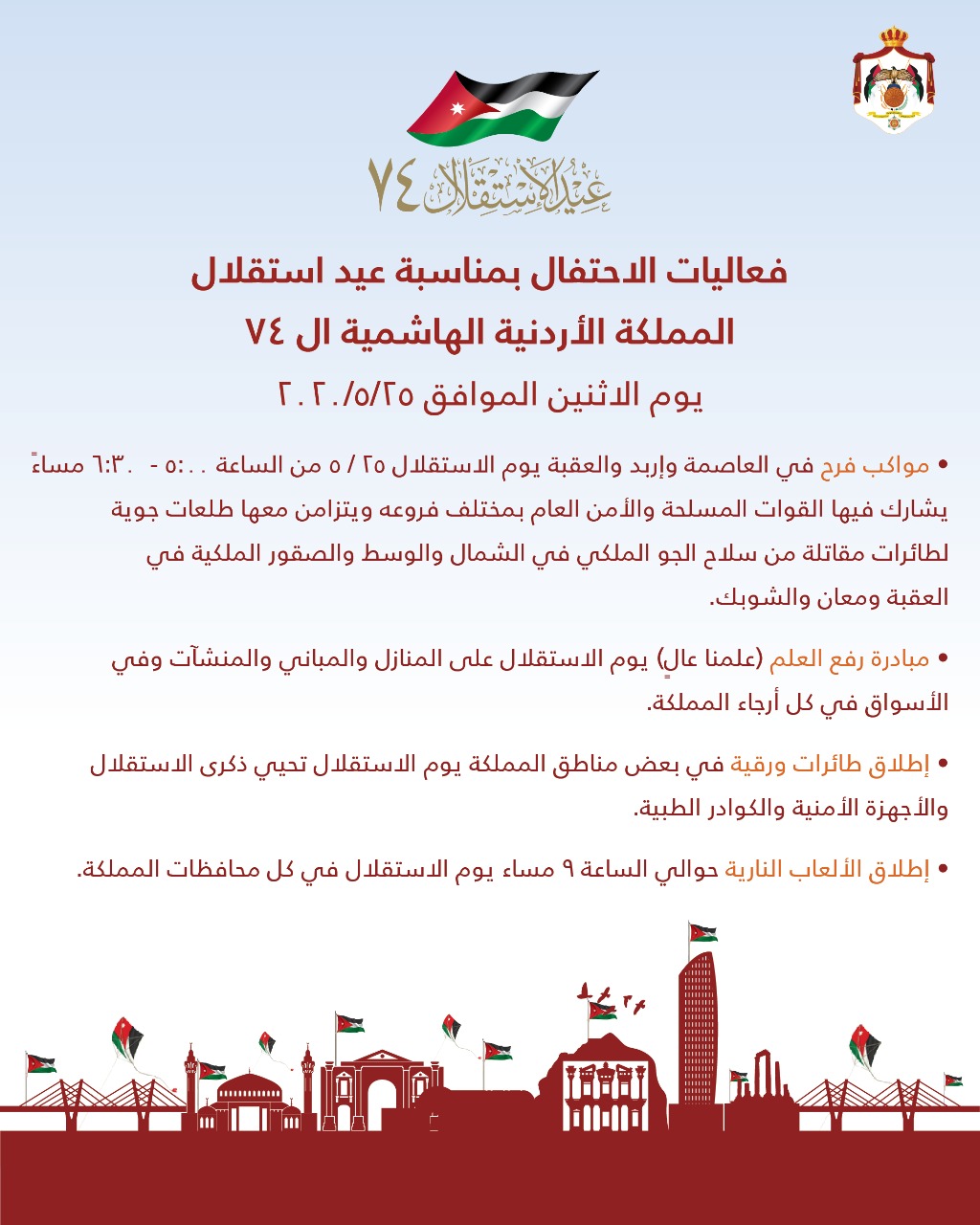 Citizens, public and private sectors encouraged to fly Jordanian flag in celebration of 74th Independence Day