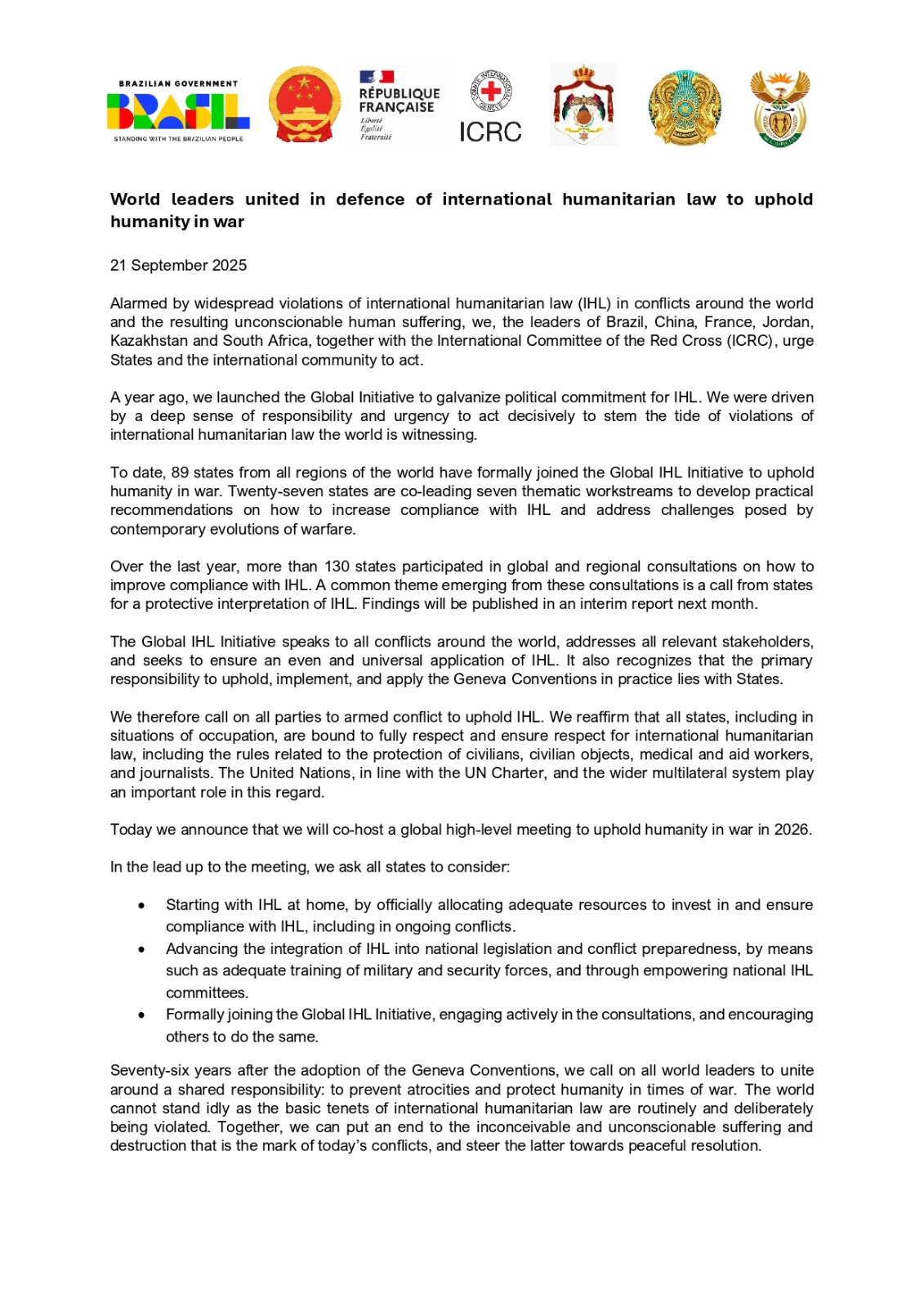 Jordan, Five Nations and ICRC Urge Action to End Violations of Humanitarian Law