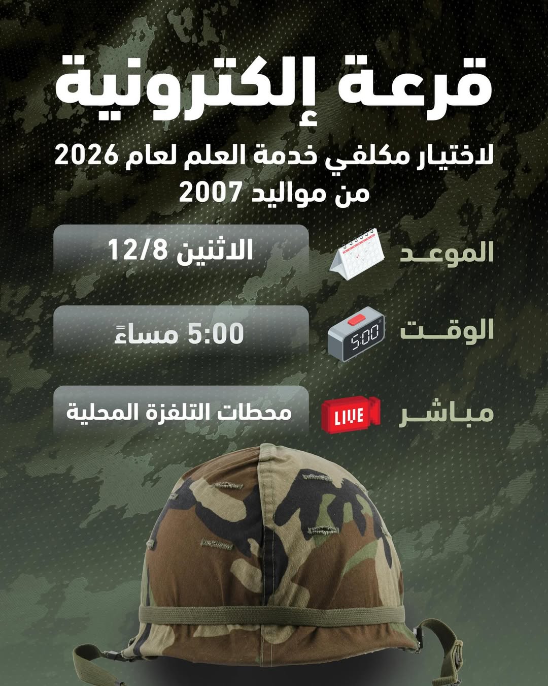 وزير الاتصال الحكومي:إجراء القرعة الإلكترونية لاختيار مكلفي خدمة العلم لعام 2026 الساعة الخامسة من مساء يوم الاثنين