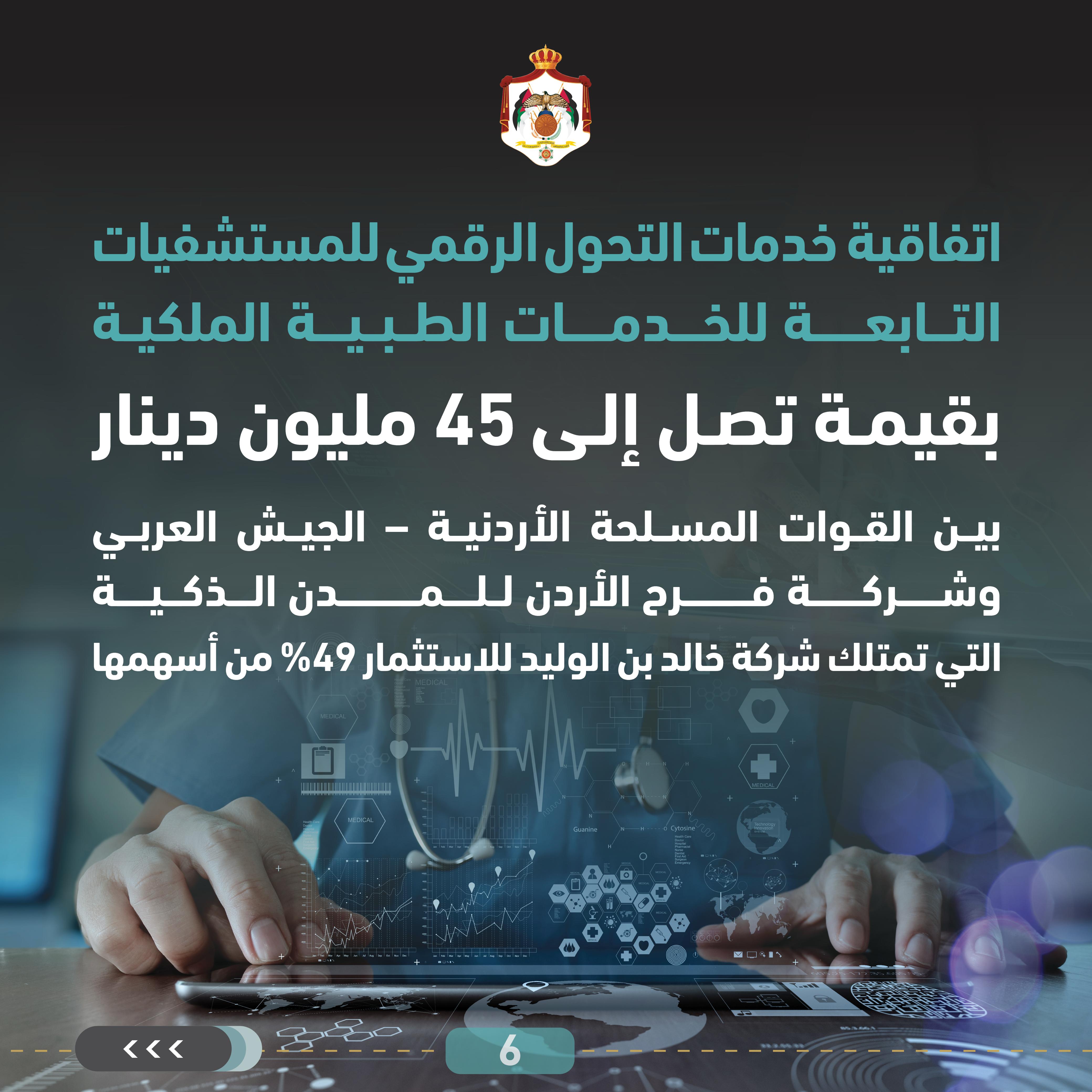 اتفاقيتان لاستثمار خارجي بقيمة 133 مليون دينار في القطاع الصحي لإنشاء مستشفى مأدبا الجديد والتحول الرقمي للمستشفيات التابعة لمديرية الخدمات الطبية الملكية